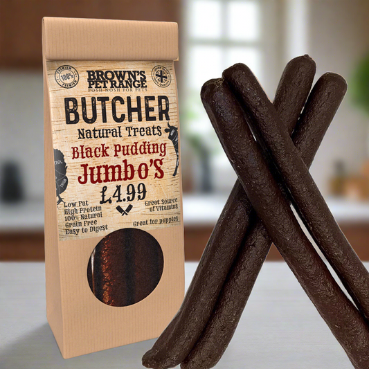 Black Pudding Butchers Jumbo Sausages x5 | Brown's Natural Dog Treats - BROWNS PET RANGE