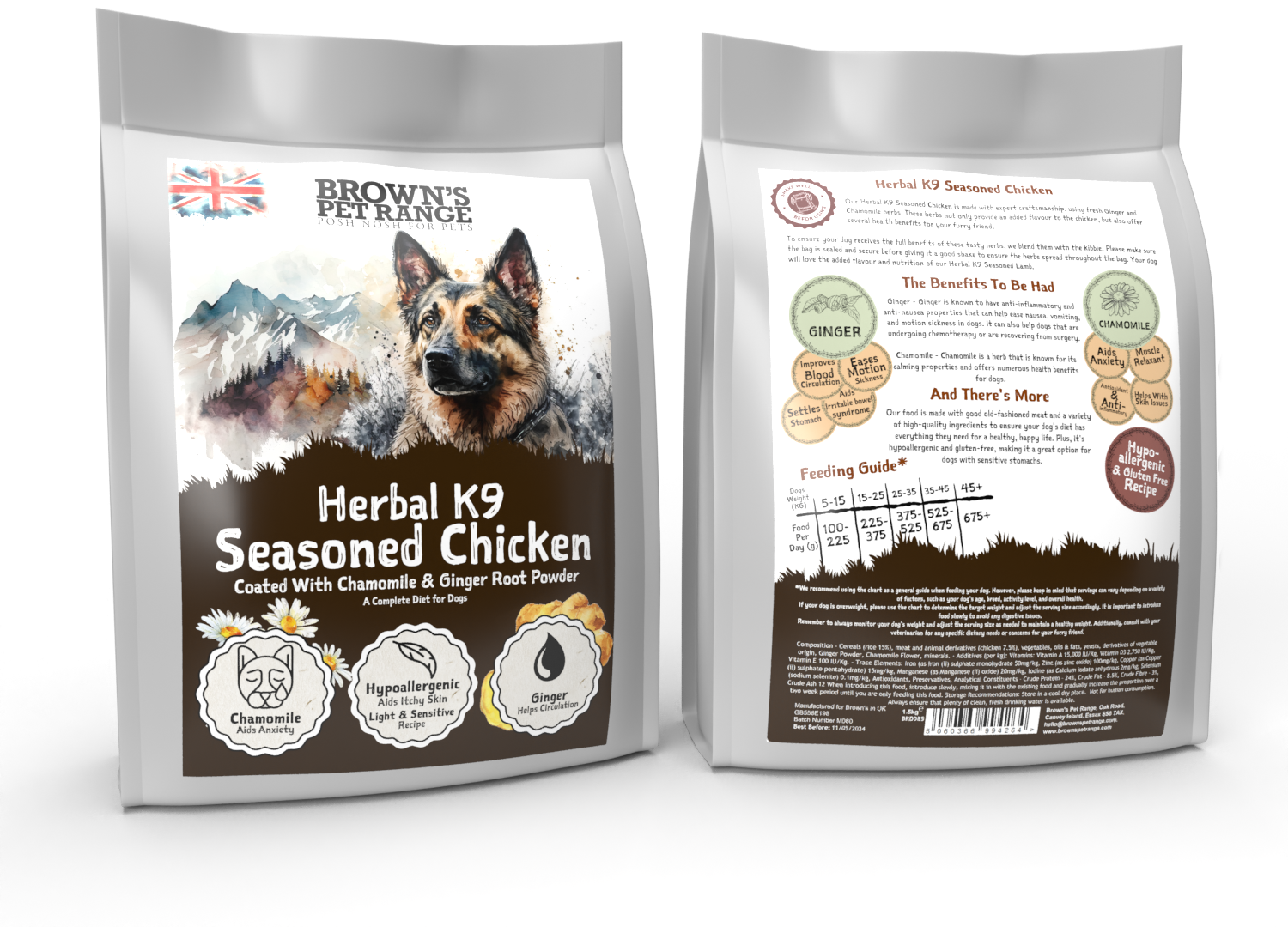 Chamomile & Ginger Root Seasoned Chicken | Herbal K9 Posh Nosh For Dogs - BROWNS PET RANGE