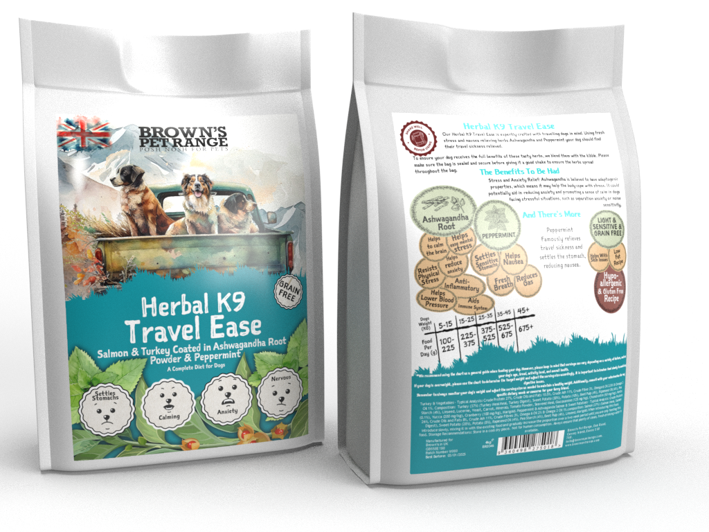 Travel Ease - Ashwaganda & Peppermint Seasoned Salmon & Turkey| Herbal K9 Posh Nosh For Dogs - BROWNS PET RANGE