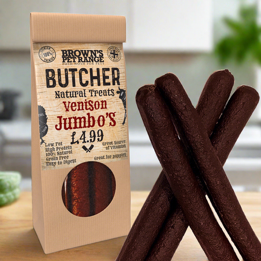 Venison Butchers Jumbo Sausages x5 | Brown's Natural Dog Treats - BROWNS PET RANGE