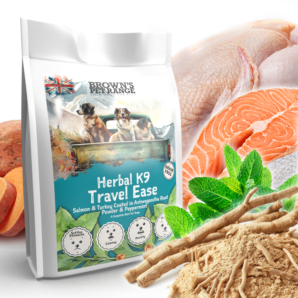 Travel Ease - Ashwaganda & Peppermint Seasoned Salmon & Turkey| Herbal K9 Posh Nosh For Dogs - BROWNS PET RANGE