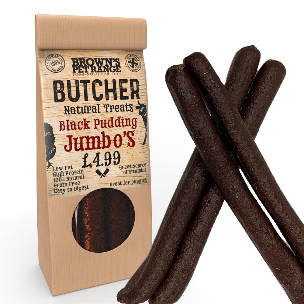 Black Pudding Butchers Jumbo Sausages x5 | Brown's Natural Dog Treats - BROWNS PET RANGE