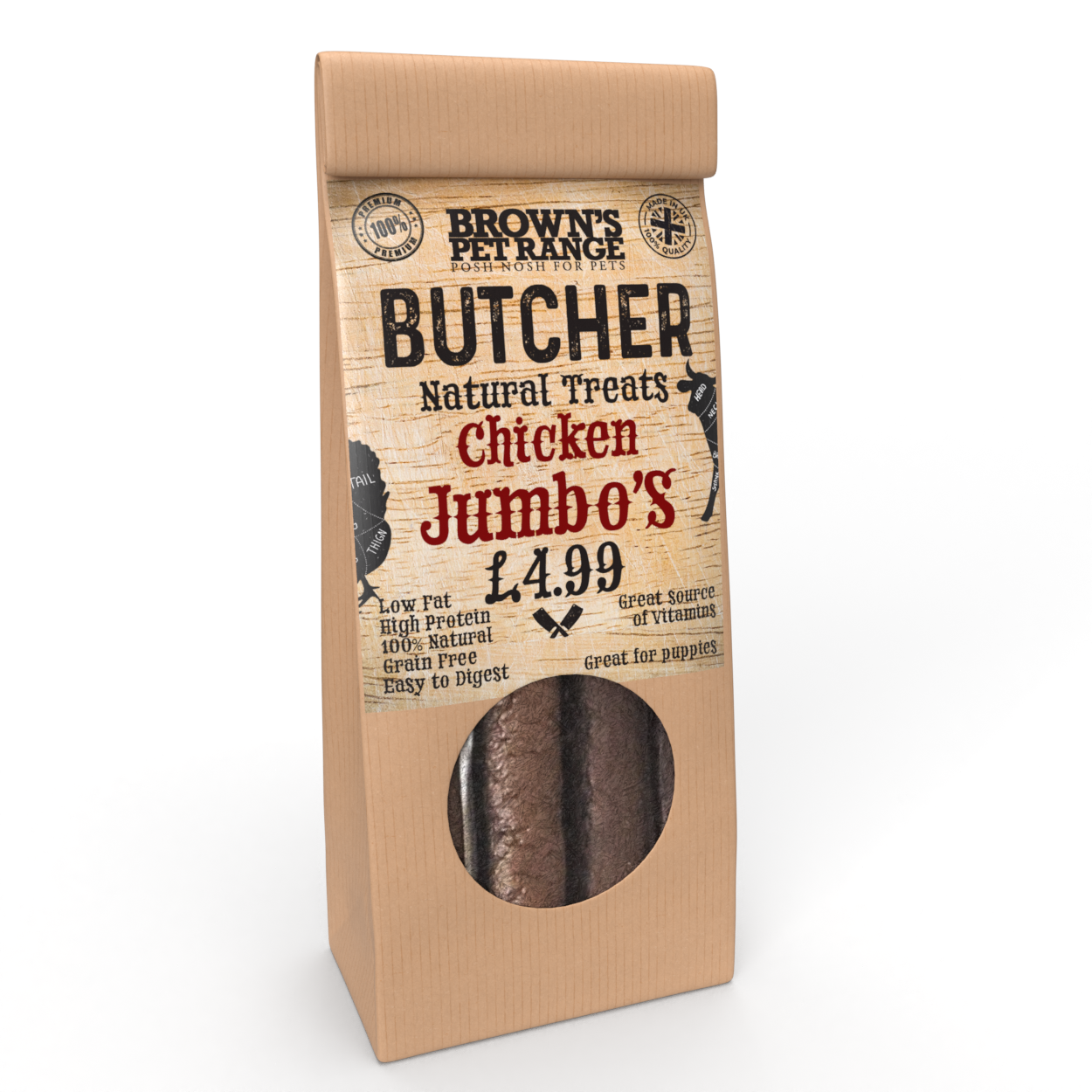 Chicken Butchers Jumbo Sausages x5 | Brown's Natural Dog Treats - BROWNS PET RANGE